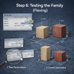 3D illustration showing Revit family flexing test with adjustable height parameter