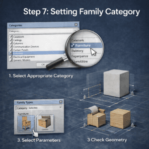 3D illustration showing Revit Family Category selection with Furniture option highlighted