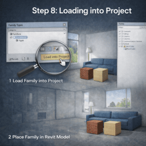 3D illustration showing Load into Project button in Revit Family Editor