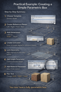 3D step-by-step guide showing creation of a simple parametric box in Revit
