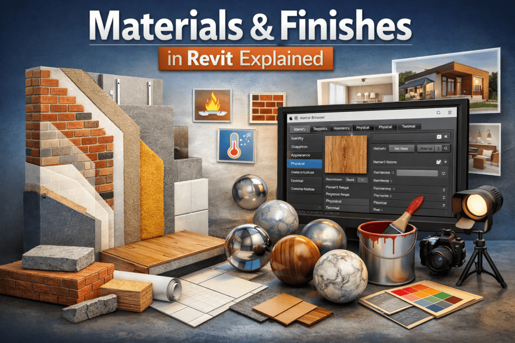 3D illustration of Materials & Finishes in Revit showing wall layers, textures, and Revit material browser interface