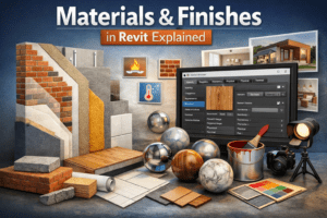 3D illustration of Materials & Finishes in Revit showing wall layers, textures, and Revit material browser interface