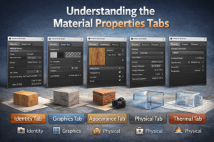 3D illustration of Revit Material Properties tabs including Identity, Graphics, Appearance, Physical, and Thermal in Material Browser