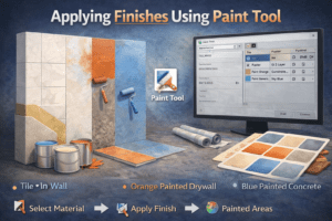 3D illustration of applying finishes using Paint Tool in Revit showing painted wall surfaces and material selection panel