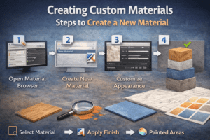3D illustration of creating custom materials in Revit with steps to create a new material in Material Browser