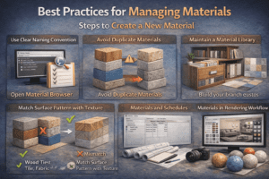 3D infographic of best practices for managing materials in Revit including naming conventions, avoiding duplicates, and rendering workflow