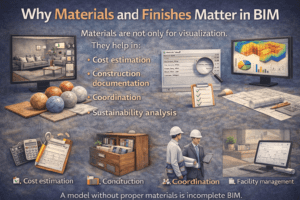 3D infographic showing why materials and finishes matter in BIM including cost estimation, coordination, sustainability analysis, and facility management