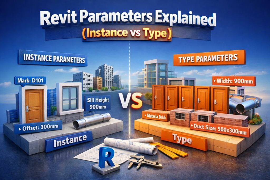 3D illustration explaining Revit Parameters Instance vs Type with doors, windows, ducts, and labeled BIM properties comparison