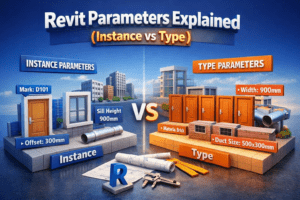 3D illustration explaining Revit Parameters Instance vs Type with doors, windows, ducts, and labeled BIM properties comparison