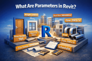 3D illustration explaining what parameters are in Revit showing door height, duct size, material, fire rating, and BIM schedule data