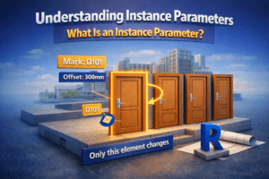 3D illustration explaining Instance parameters in Revit showing one highlighted door with unique mark and offset values