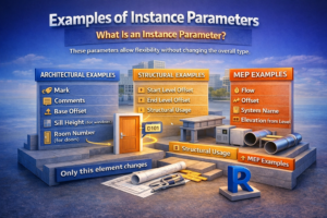 3D infographic showing examples of Instance parameters in Revit including architectural, structural, and MEP properties