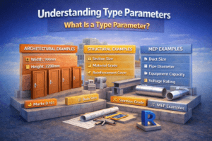 3D infographic explaining Type parameters in Revit with architectural, structural, and MEP examples like width, duct size, and material