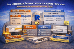 3D infographic comparing Instance and Type parameters in Revit showing scope of control, editing location, and scheduling behavior