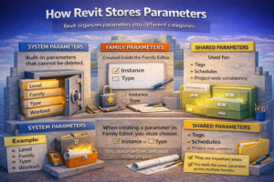 3D infographic explaining how Revit stores parameters including system, family, and shared parameter categories