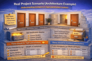 3D infographic showing real residential project example explaining Instance and Type parameters for doors in Revit