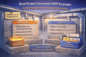 3D infographic showing MEP duct example explaining Type and Instance parameters in Revit