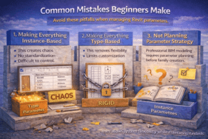 3D infographic showing common mistakes beginners make with Revit parameters including overusing Instance and Type settings