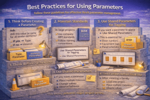 3D infographic showing best practices for using parameters in Revit including shared parameters and family testing
