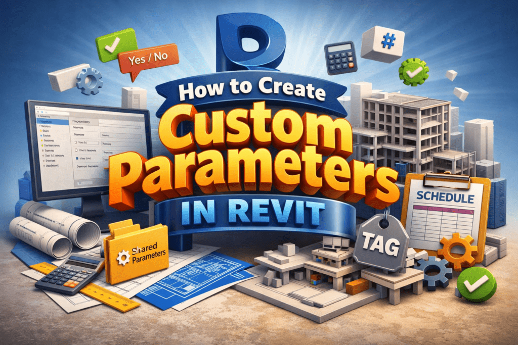3D illustration showing how to create custom parameters in Revit with shared parameters, schedules, tags, and building model elements