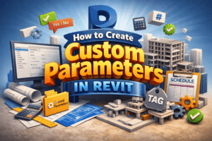 3D illustration showing how to create custom parameters in Revit with shared parameters, schedules, tags, and building model elements