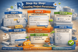3D step-by-step illustration showing how to create project parameters in Revit from Manage tab to selecting categories