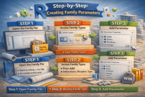 Revit family parameters tutorial 3D infographic with open family file and add parameter steps