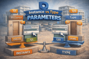 3D illustration explaining Instance vs Type parameters in Revit showing unique instance values and shared type values for doors