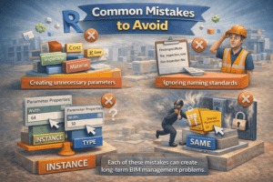 3D illustration showing common mistakes to avoid in Revit including unnecessary parameters, naming issues, instance vs type confusion, and lost shared parameter files