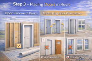 3D instructional illustration showing how wall openings are inserted, adjusted for swing direction, and checked for common placement errors