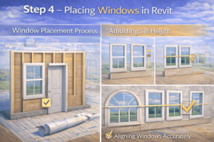 3D instructional illustration showing wall insert placement, vertical height adjustment, and accurate horizontal alignment across multiple openings