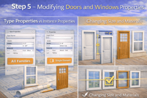 3D instructional illustration comparing global settings versus single element settings and demonstrating size and material adjustments