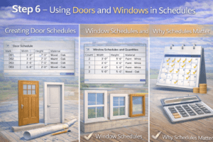 3D instructional illustration showing tabular quantity lists, item counts, and planning importance using tables, checklists, and calculation tools