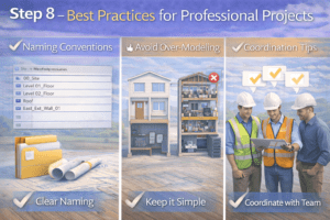 3D instructional illustration showing organized naming structure, simplified model detail comparison, and team coordination review
