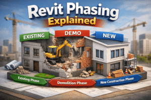 3D illustration of Revit Phasing showing existing, demolished, and new construction elements in a BIM model