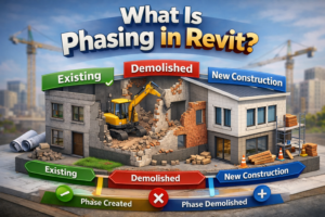 3D illustration explaining what phasing in Revit is, showing existing, demolished, and new construction stages in a BIM model