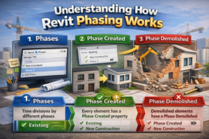 Revit phasing workflow diagram showing phases, phase created property, and phase demolished elements