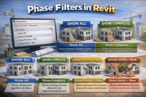 Revit Phase Filters diagram showing how elements display in existing, demolition, and new construction views