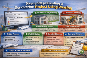 Revit renovation workflow diagram demonstrating setting up phases, demolishing elements, and adding new construction