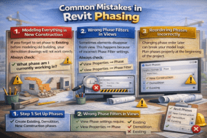 Revit phasing mistakes diagram highlighting wrong phase selection and incorrect phase filter settings