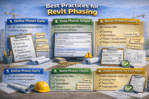 3D infographic showing best practices for Revit phasing including defining phases early, naming phases clearly, and creating separate views