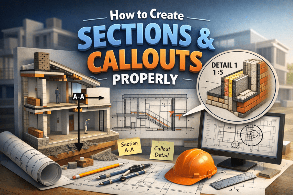 3D illustration showing how to create sections and callouts properly with building cut section, wall detail callout, and architectural drafting tools.