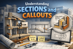 3D illustration explaining understanding sections and callouts with building cut section A-A and 1:5 wall detail callout.