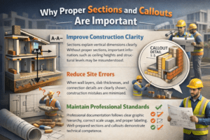 3D architectural graphic explaining importance of sections and callouts for construction clarity and reducing site errors.