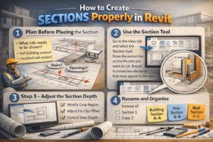 3D infographic showing how to create sections properly in Revit with planning step, section tool, depth adjustment, and renaming organization.