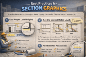 3D architectural section drawing guide showing cut plane line weights, coarse medium fine detail levels, and annotation examples.