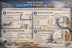 3D infographic showing how to create callouts properly in Revit with callout tool selection, scale settings, visibility controls, and detail components.