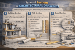 3D infographic showing types of sections in architectural drawings including building section, wall section, and detail section with construction details.