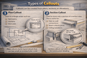3D architectural illustration comparing plan callout and section callout with enlarged kitchen layout and slab-to-wall detail.