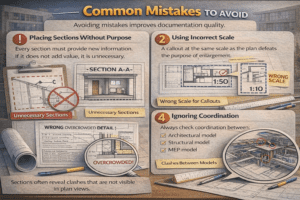 3D infographic showing common mistakes in sections and callouts including unnecessary sections, wrong scale callouts, overcrowded notes, and coordination clashes.